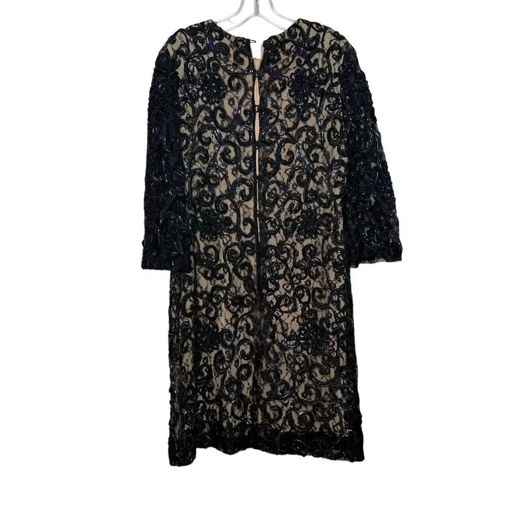 Vintage Joseph Magnin Black Tan 3/4 Sleeve Shift Mini Dress Size 9-10 Lace 60s_5